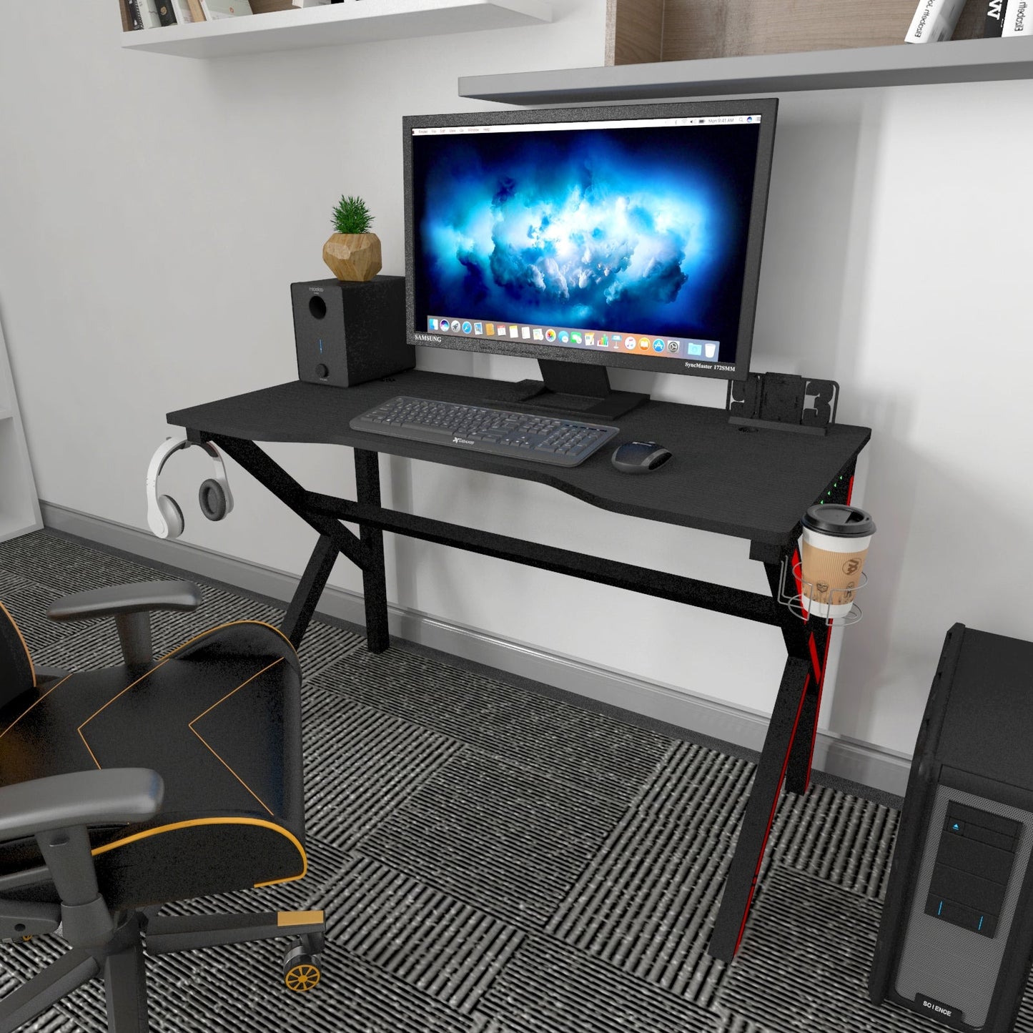 Gaming Computer Desk with LED Lights Cup Holder Headphone Hook 120x60x75cm