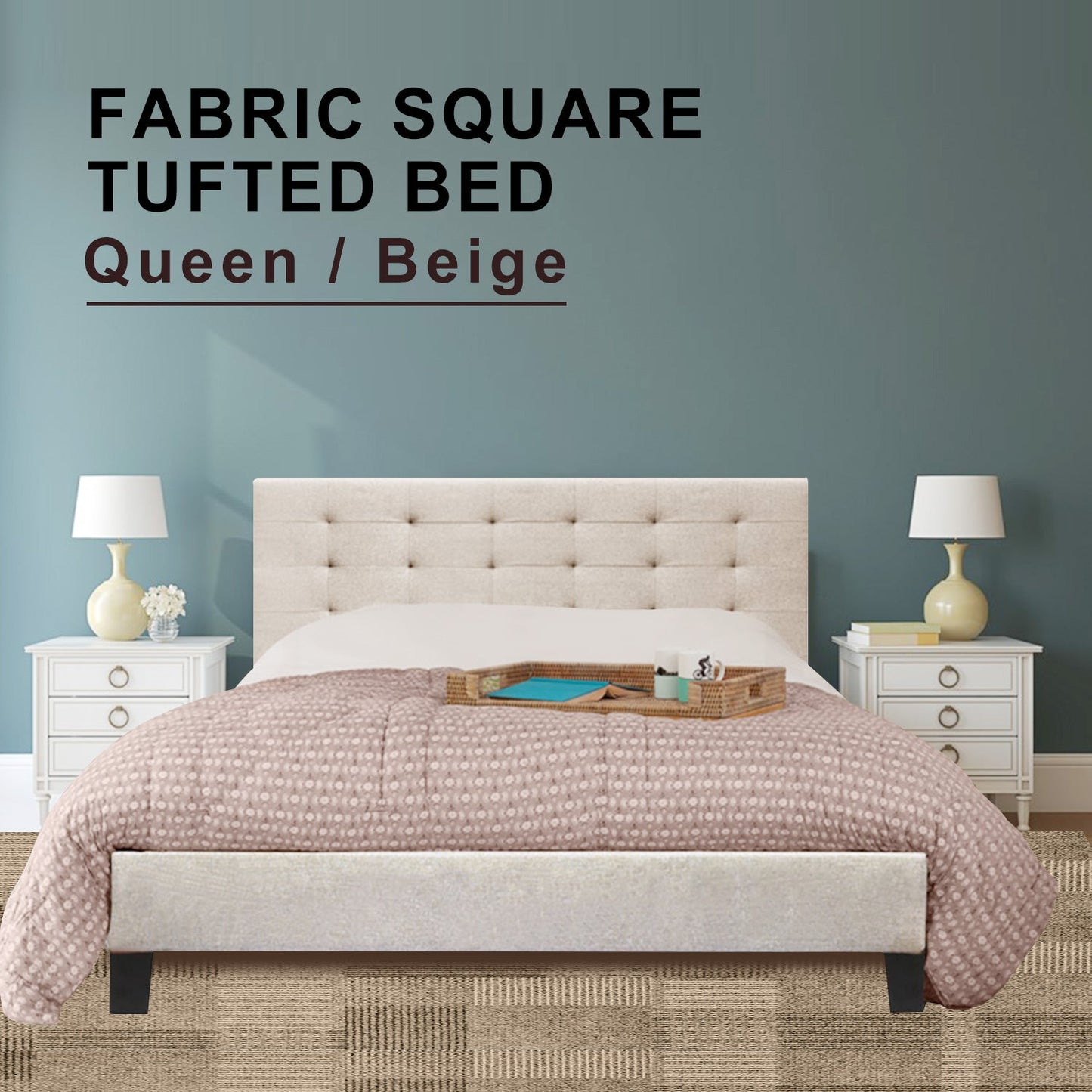 Fabric Bed Frame (Queen size, Beige color)