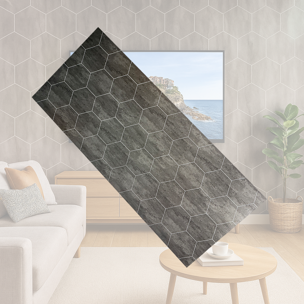 1000mm Width Interior Complicated Cutline Waterproof PVC Wall Panel Hexagon Metallic Grey
